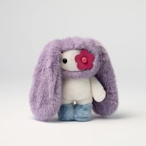 Plush Bunny Toy with Purple Ears and Pink Flower